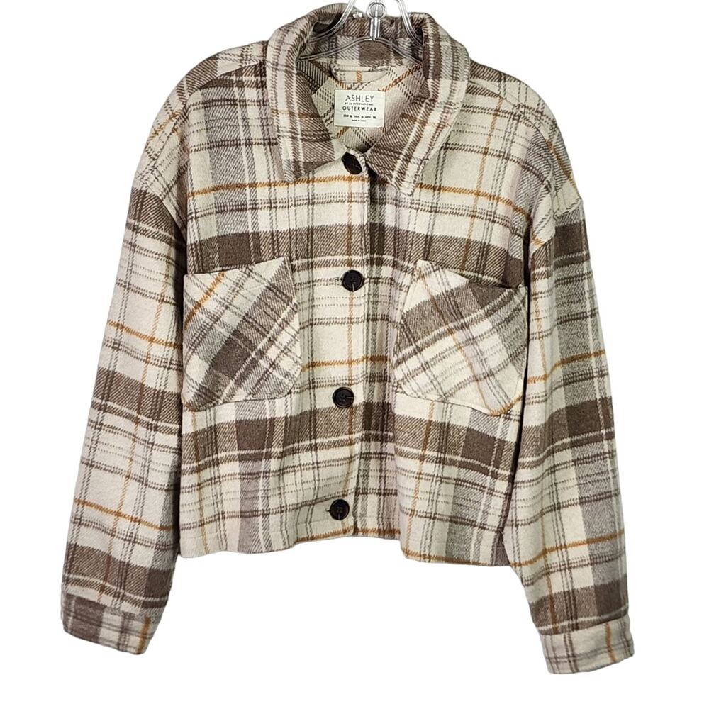 Plaid Wool Blend Barn Jacket XL Cropped Shacket Neutral Cabincore Western - Picture 11 of 11
